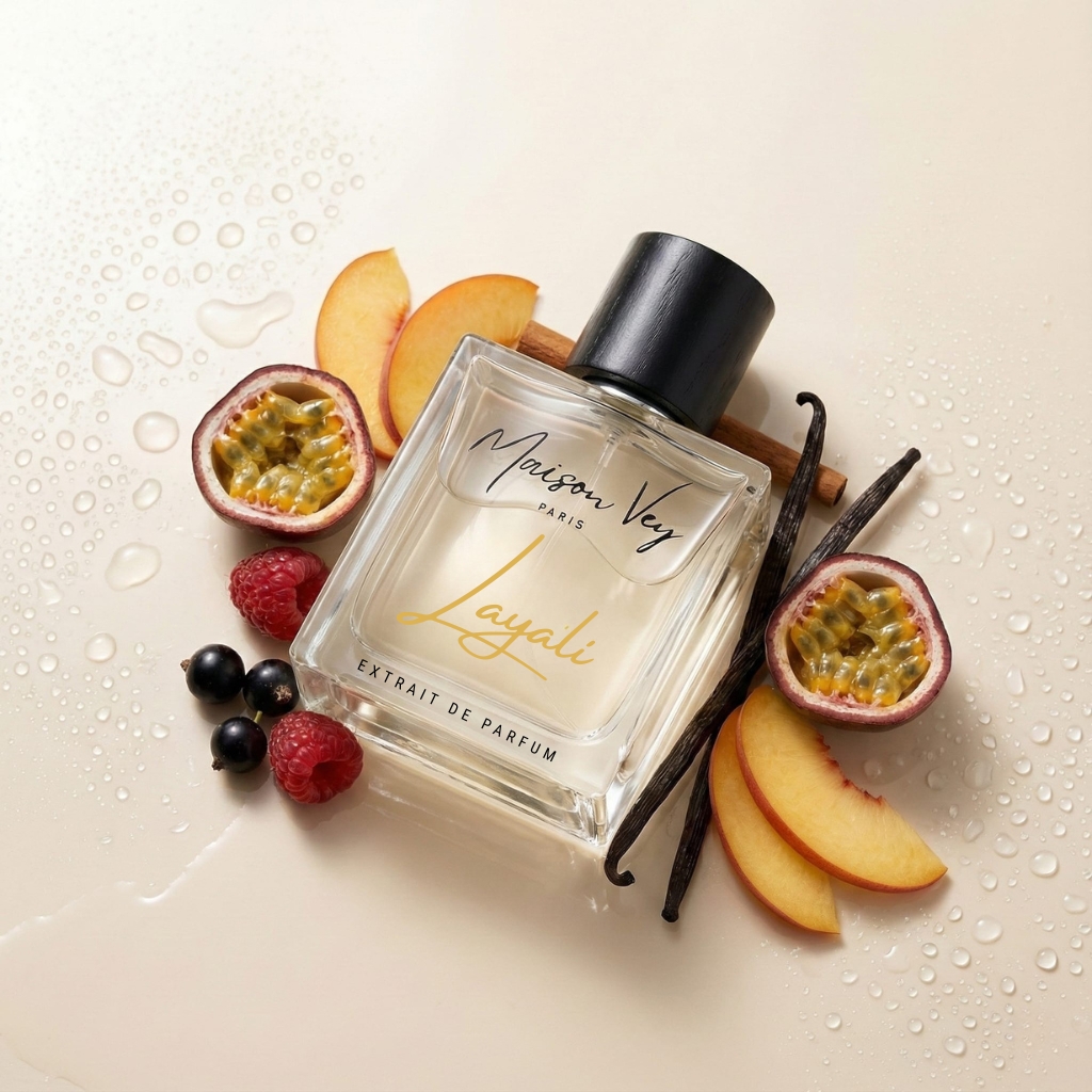 Flacon de parfum Layali Extrait de Parfum Maison Vey entouré de ses ingrédients clés : fruit de la passion, pêche, gousses de vanille, framboises, cassis et bâtons de cannelle sur un fond beige avec des gouttes d'eau.